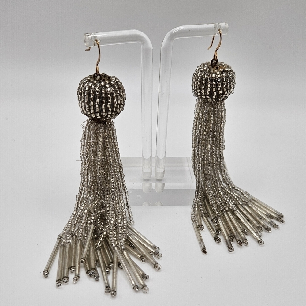 Vanessa Mooney Silver Beaded Long Tassel French Hook Statement Earrings